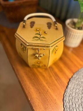 Source Unknown Yellow Floral Hexagonal Hand-Painted Box with Handle